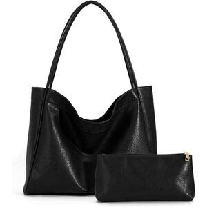 Black Tote Bag for Women 2Pcs Large Casual PU Weekender Bag Soft Vegan Leather